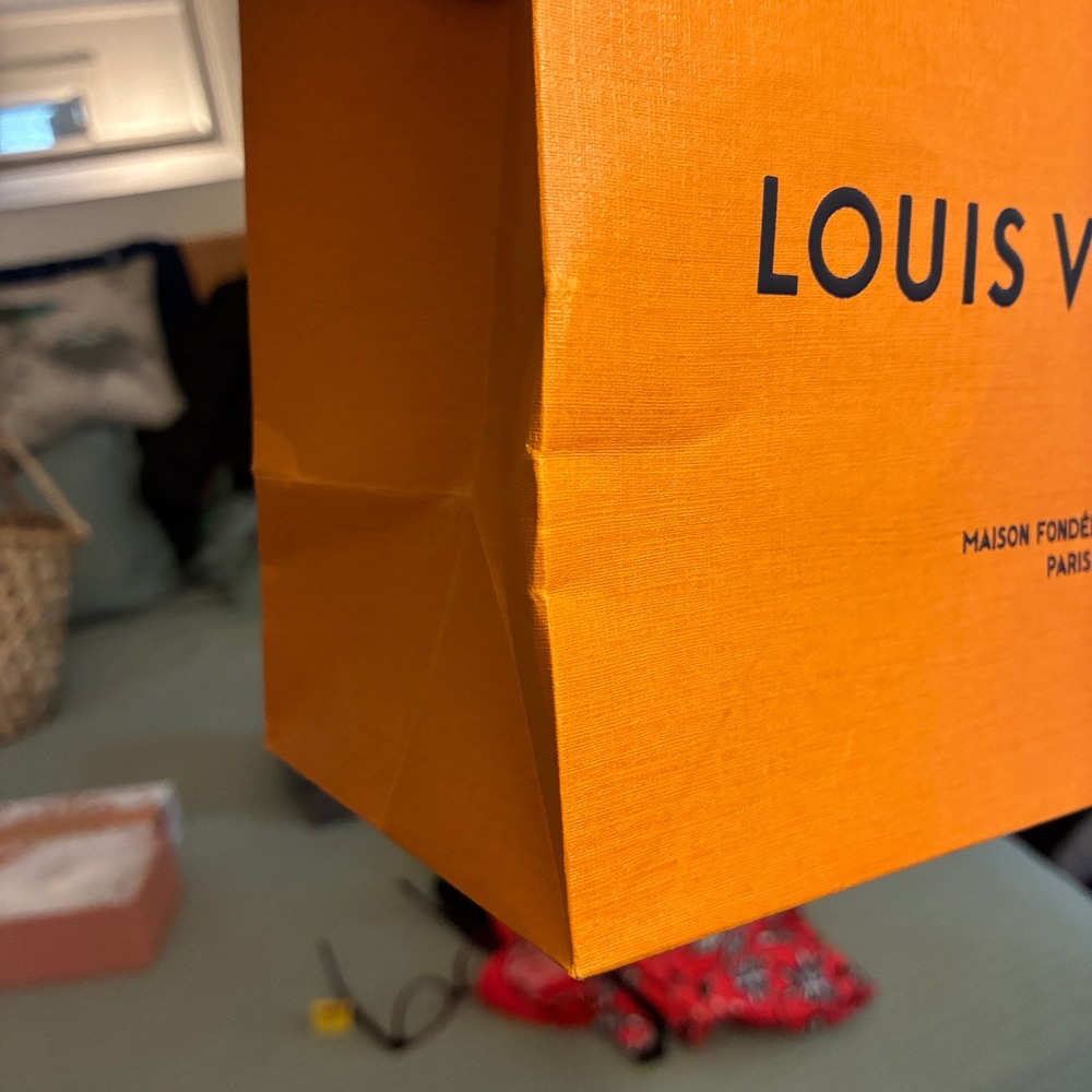 Louis Vuitton small paper bag 7x8.75" designer shopping tote orange blue handles - Picture 5 of 11